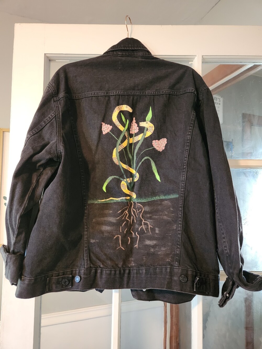 H&M L.O.G.G. Men’s L Black Denim Jacket Hand Painted Snake Floral Back Art